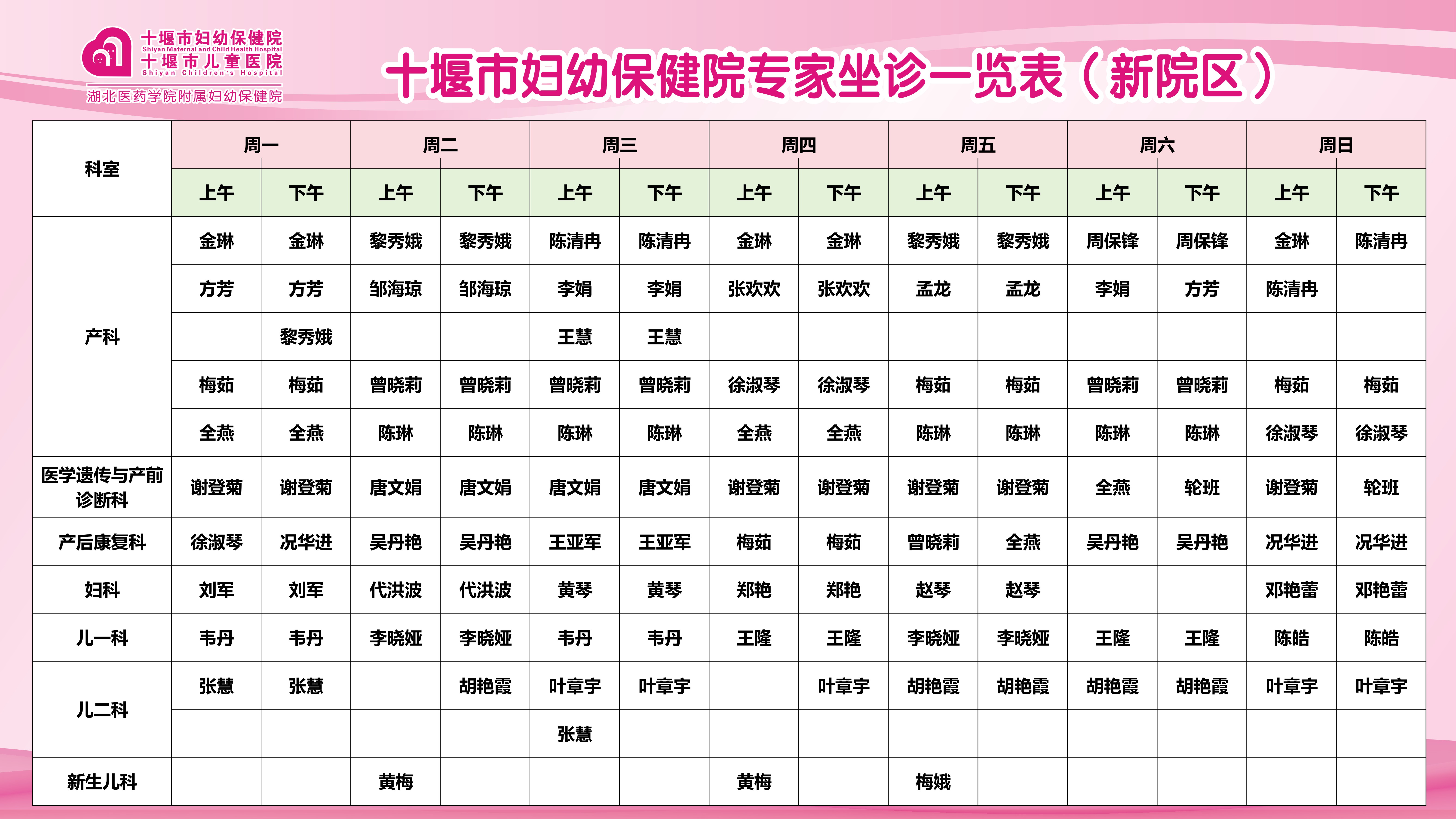 十堰市妇幼保健院专家排班一览表